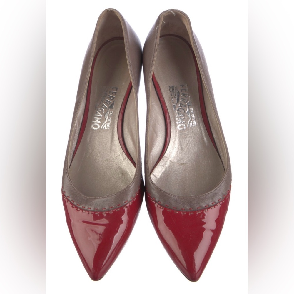 Salvatore Ferragamo Red Patent and Taupe Leather Pointed-Toe Flats